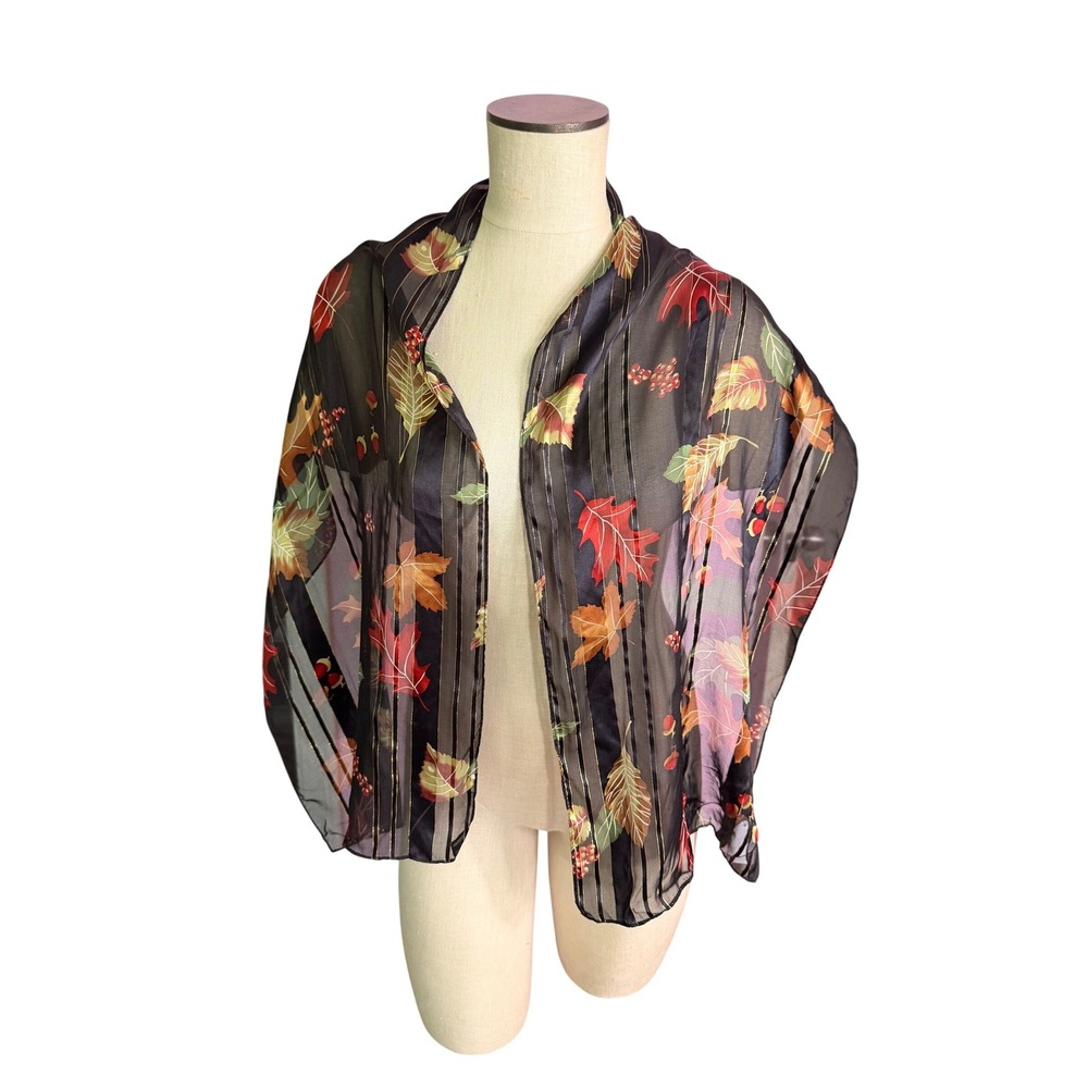 Cejon Scarf OS Black Silk Fall Leaves Acorns Metallic Gold Stripe Sheer‎ Wrap